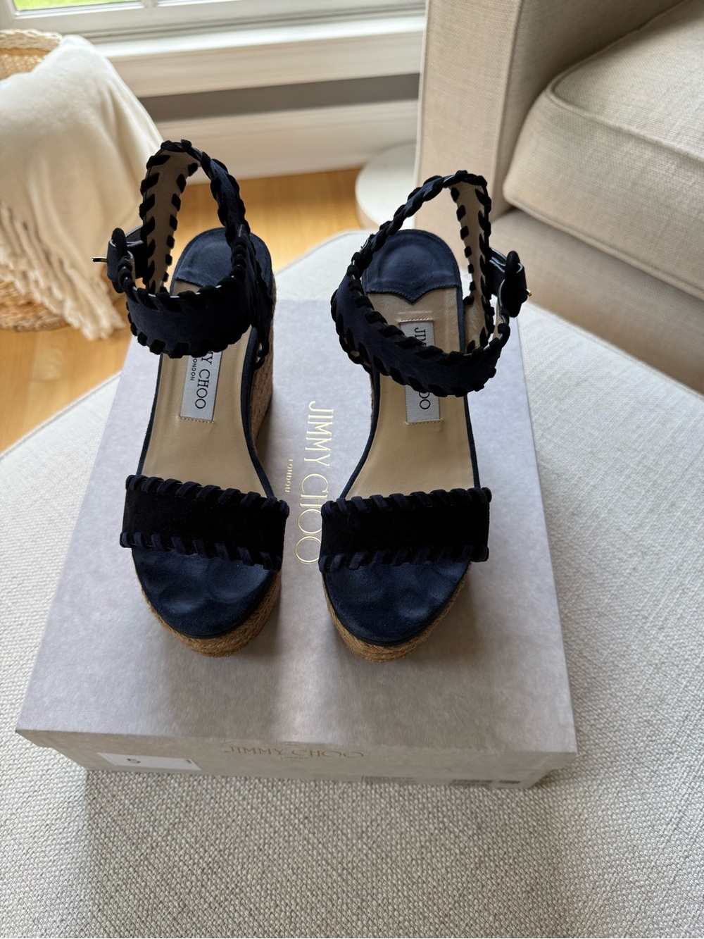 Jimmy Choo Black and Navy Suede Braided Ankle Wedge Sandals